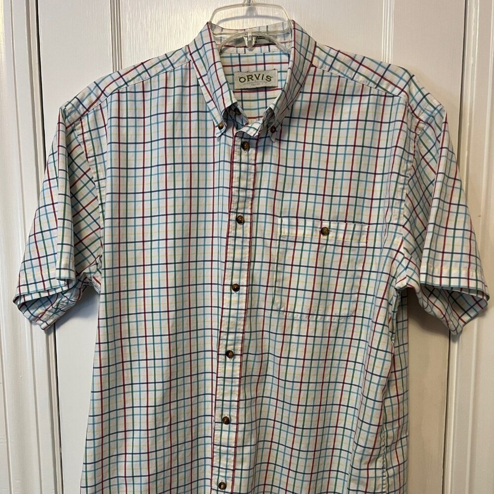 Orvis Mens Plaid Short Sleeve Button Down Shirt White Blue Red Green Yellow XL
